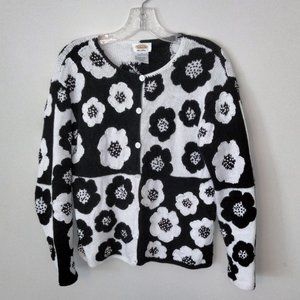Bold black-and-white floral cardigan